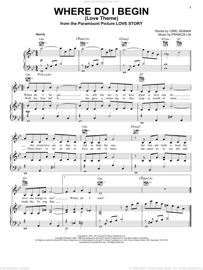 Where Do I Begin (Love Theme) sheet music for voice, piano or guitar by Andy Williams, Carl Sigman and Francis Lai, intermediate skill level