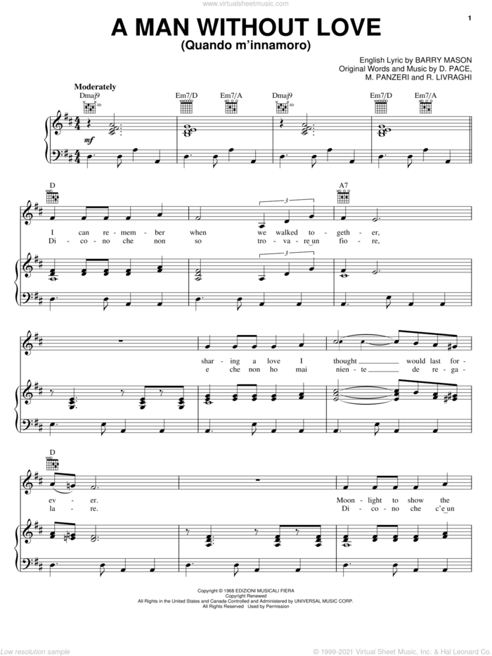 A Man Without Love (Quando M'Innamoro) sheet music for voice, piano or guitar by Engelbert Humperdinck, Percy Faith, Barry Mason, D. Pace, M. Panzeri and R. Livraghi, intermediate skill level