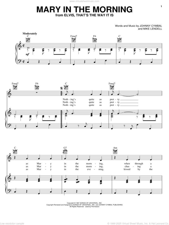 Mary In The Morning sheet music for voice, piano or guitar by Al Martino, Elvis Presley, Glen Campbell, Johnny Cymbal and Mike Lendell, intermediate skill level