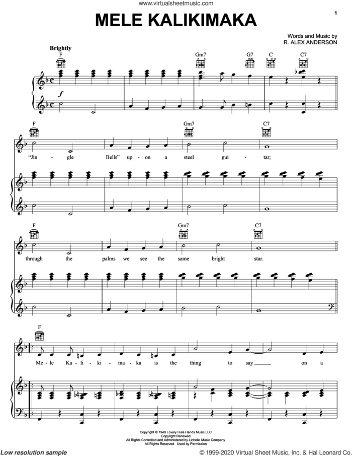 Mele Kalikimaka sheet music for voice, piano or guitar by Alex Anderson, intermediate skill level