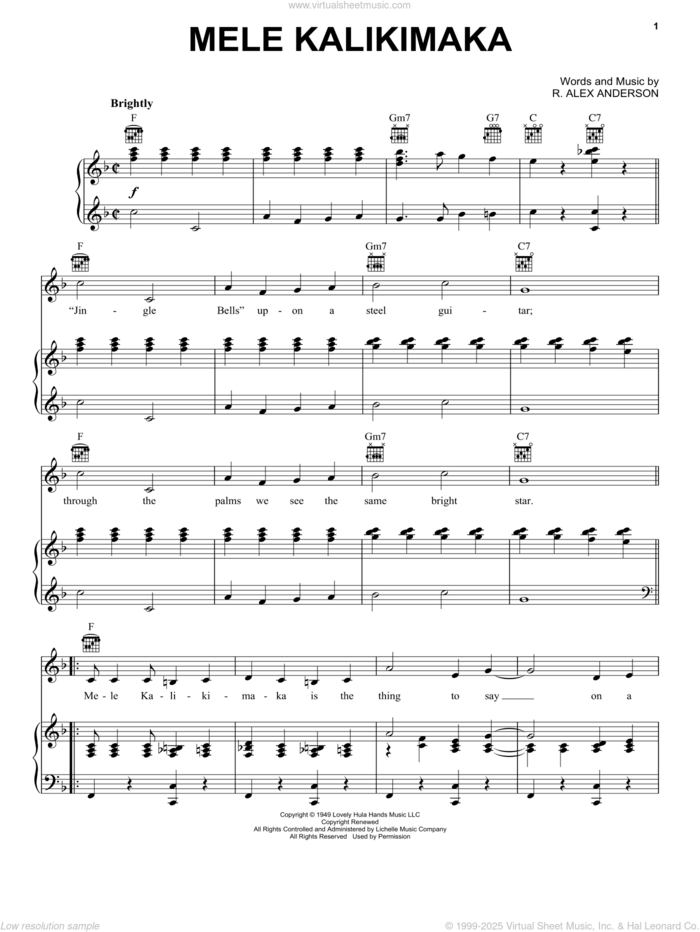 Mele Kalikimaka sheet music for voice, piano or guitar by Alex Anderson, intermediate skill level