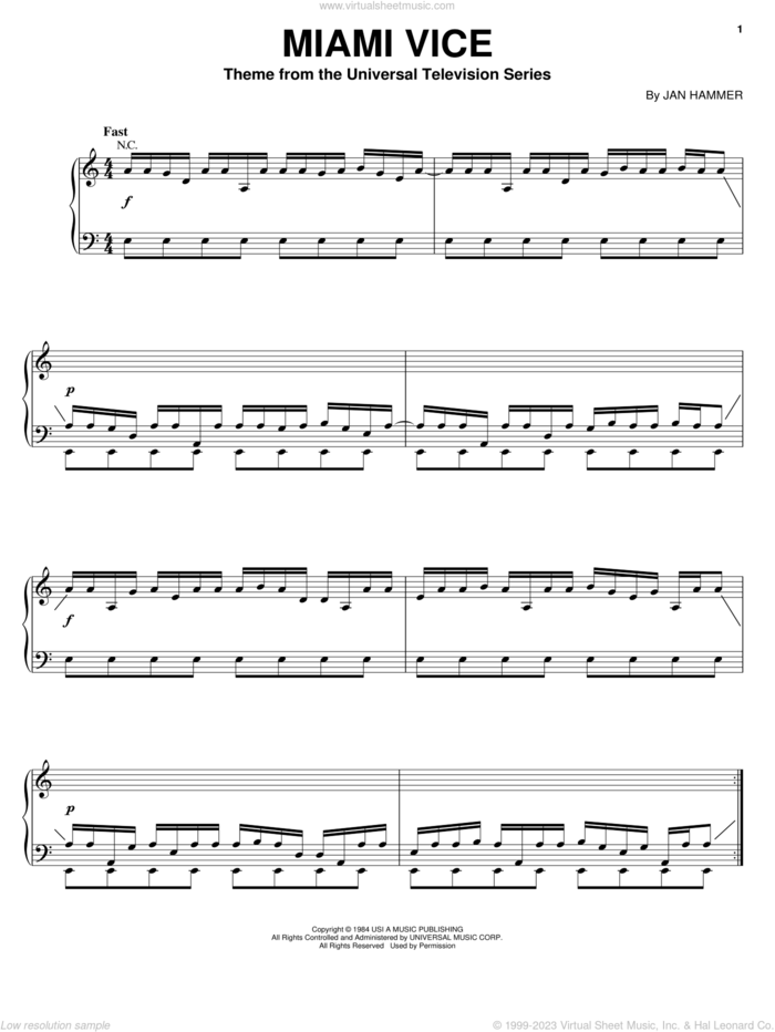 Miami Vice sheet music for piano solo by Jan Hammer, intermediate skill level