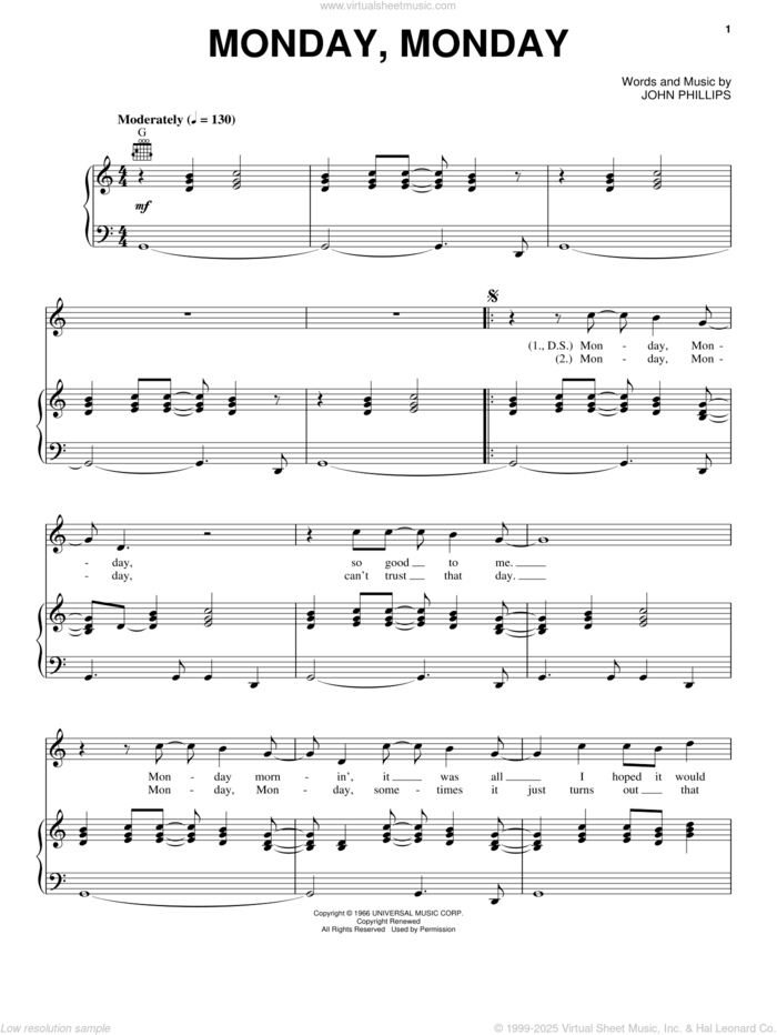 Monday, Monday sheet music for voice, piano or guitar by The Mamas & The Papas and John Phillips, intermediate skill level