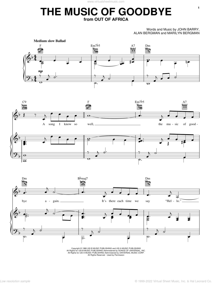 The Music Of Goodbye sheet music for voice, piano or guitar by Alan Bergman, John Barry and Marilyn Bergman, intermediate skill level
