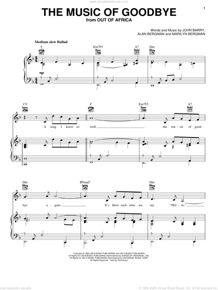 The Music Of Goodbye sheet music for voice, piano or guitar by Alan Bergman, John Barry and Marilyn Bergman, intermediate skill level