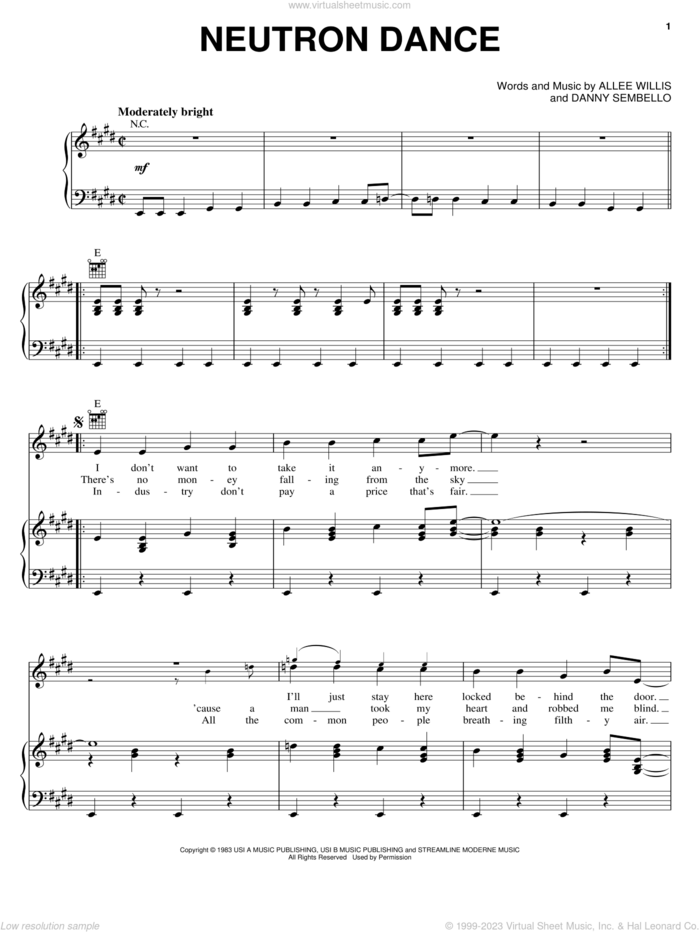 Neutron Dance sheet music for voice, piano or guitar by The Pointer Sisters, Allee Willis and Danny Sembello, intermediate skill level