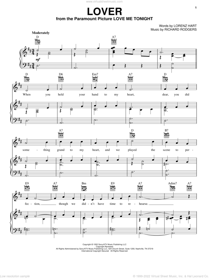 Lover sheet music for voice, piano or guitar by Ella Fitzgerald, Peggy Lee, Rodgers & Hart, Lorenz Hart and Richard Rodgers, intermediate skill level