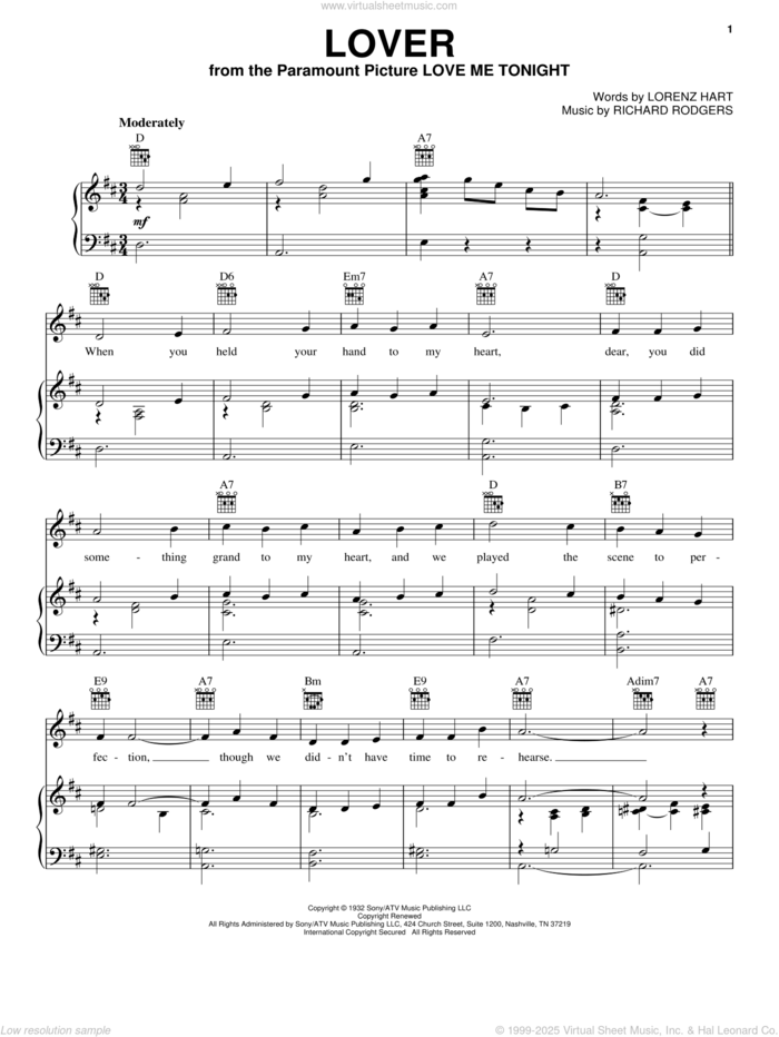 Lover sheet music for voice, piano or guitar by Ella Fitzgerald, Peggy Lee, Rodgers & Hart, Lorenz Hart and Richard Rodgers, intermediate skill level