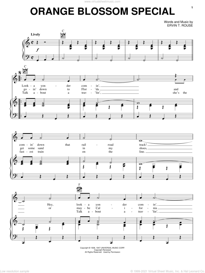Orange Blossom Special sheet music for voice, piano or guitar by Johnny Cash and Ervin T. Rouse, intermediate skill level