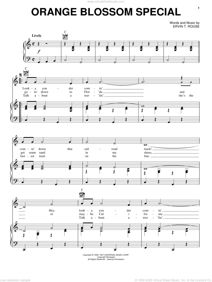 Orange Blossom Special sheet music for voice, piano or guitar by Johnny Cash and Ervin T. Rouse, intermediate skill level