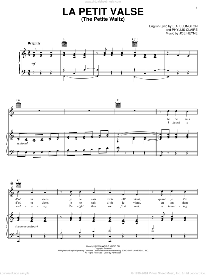 The Petite Waltz sheet music for voice, piano or guitar by Joe Heyne, E.A. Ellington and Phyllis Claire, intermediate skill level