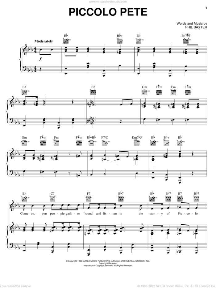 Piccolo Pete sheet music for voice, piano or guitar by Ted Weems and Phil Baxter, intermediate skill level