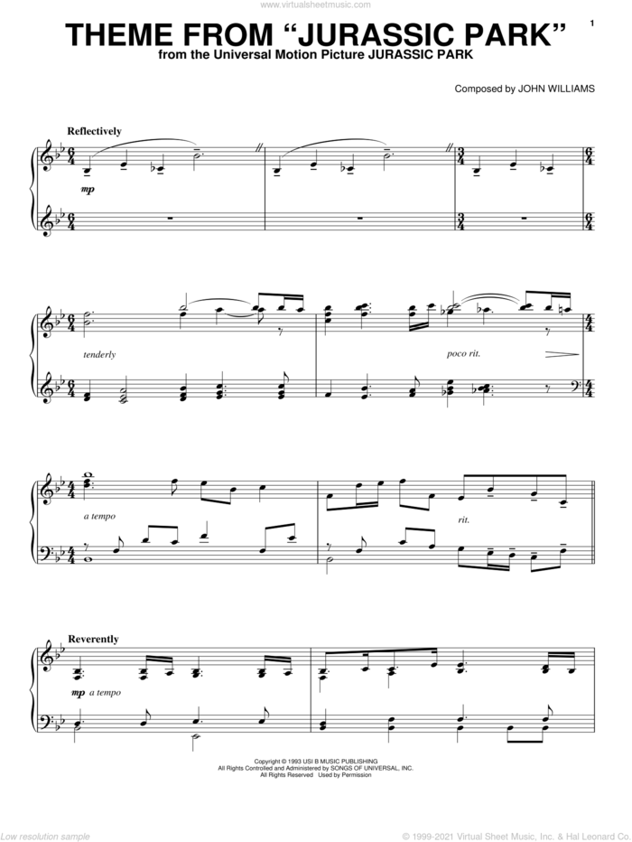 Theme from Jurassic Park sheet music for piano solo by John Williams, intermediate skill level
