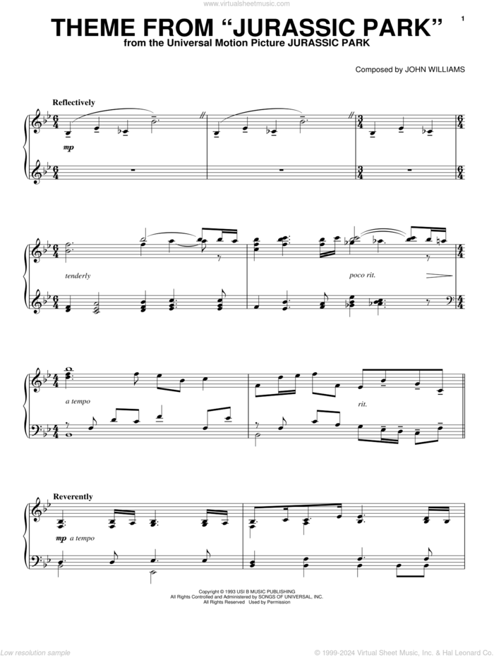 Theme from Jurassic Park sheet music for piano solo by John Williams, intermediate skill level