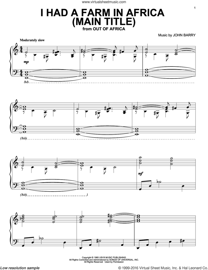I Had A Farm In Africa (Main Title) (from Out Of Africa) sheet music for piano solo by John Barry, intermediate skill level