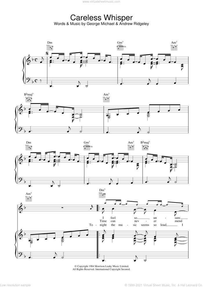 Careless Whisper sheet music for voice, piano or guitar by George Michael and Andrew Ridgeley, intermediate skill level