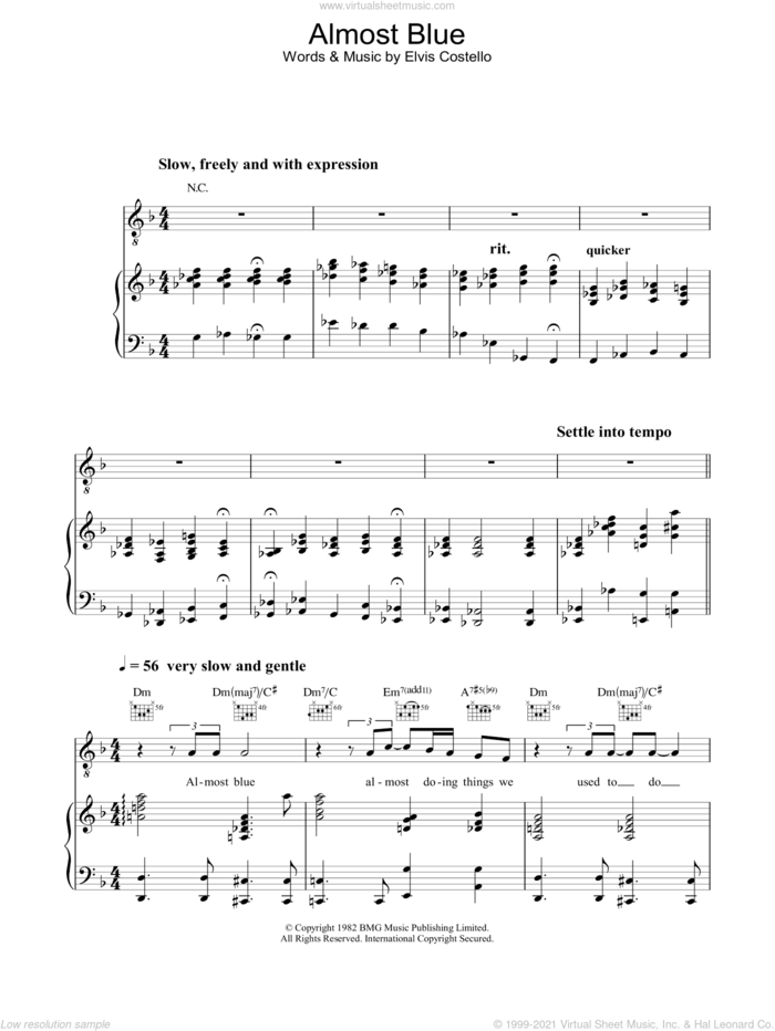 Almost Blue sheet music for voice, piano or guitar by Diana Krall and Elvis Costello, intermediate skill level