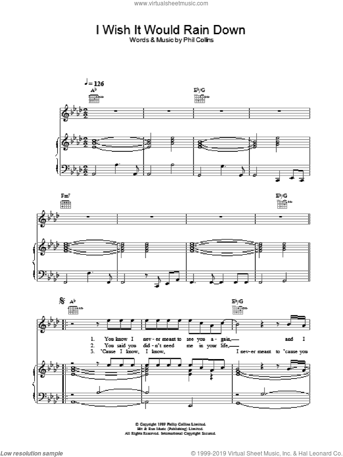 I Wish It Would Rain Down sheet music for voice, piano or guitar by Phil Collins, intermediate skill level