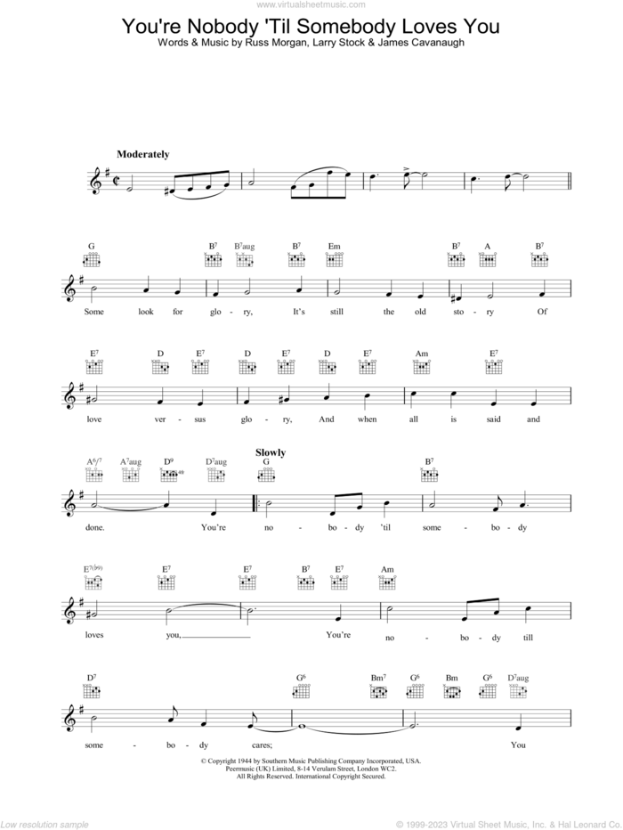 You're Nobody 'Til Somebody Loves You sheet music for voice and other instruments (fake book) by Nat King Cole, Dean Martin, Frank Sinatra, James Cavanaugh, Larry Stock and Russ Morgan, intermediate skill level