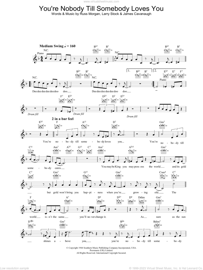 You're Nobody 'Til Somebody Loves You sheet music for voice and other instruments (fake book) by Jamie Cullum and Russ Morgan, intermediate skill level