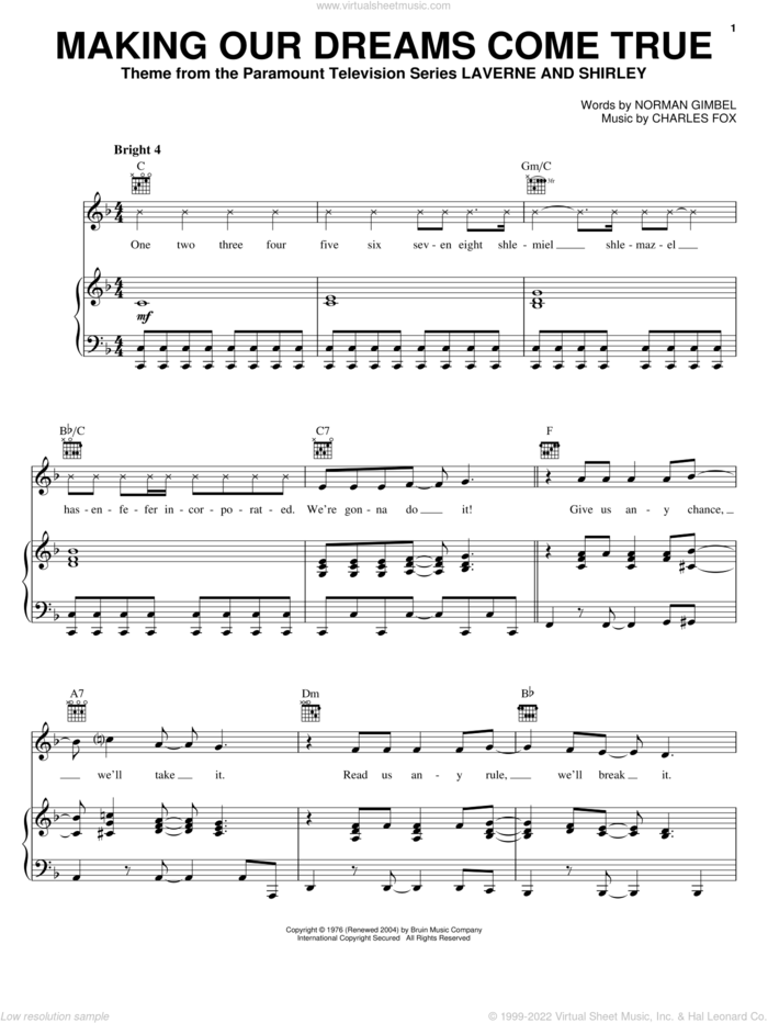 Making Our Dreams Come True sheet music for voice, piano or guitar by Norman Gimbel, Theme from 'Laverne and Shirley' and Charles Fox, intermediate skill level