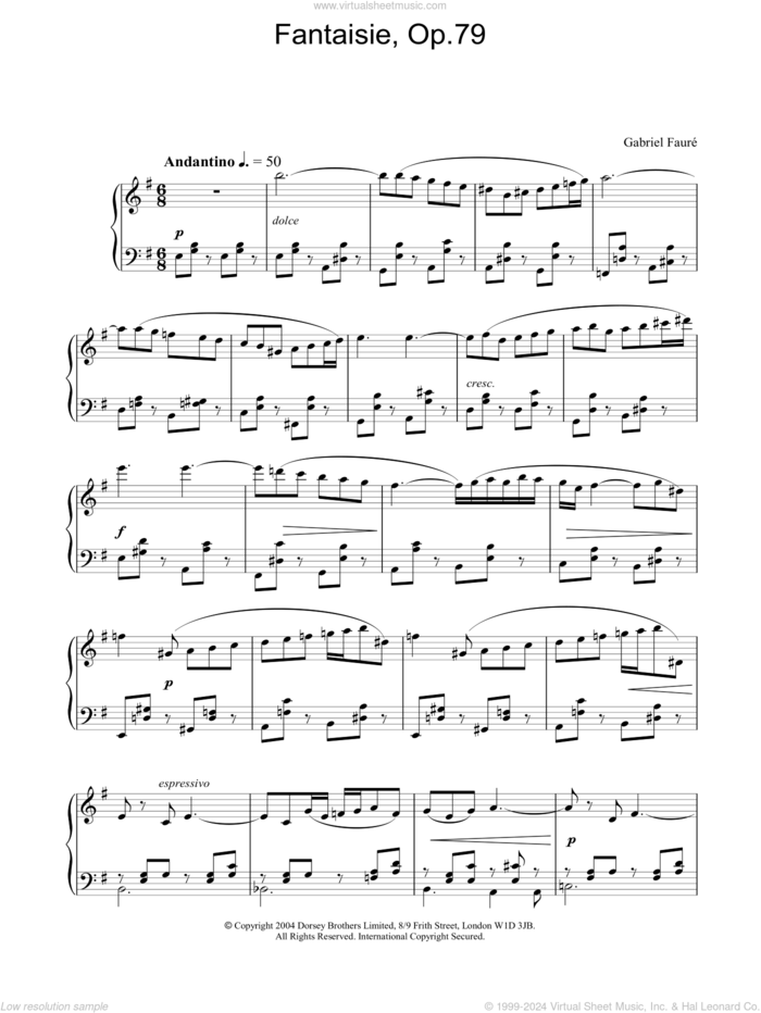 Fantaisie, Op.79 sheet music for piano solo by Gabriel Faure, classical score, intermediate skill level