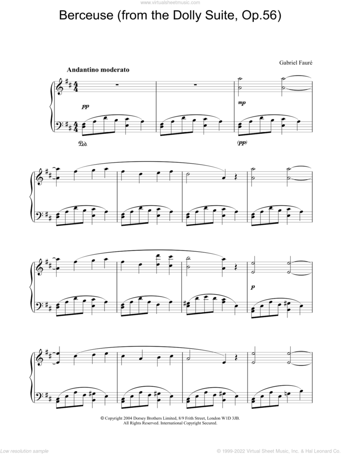 Berceuse (from the Dolly Suite, Op.56) sheet music for piano solo by Gabriel Faure, classical score, intermediate skill level