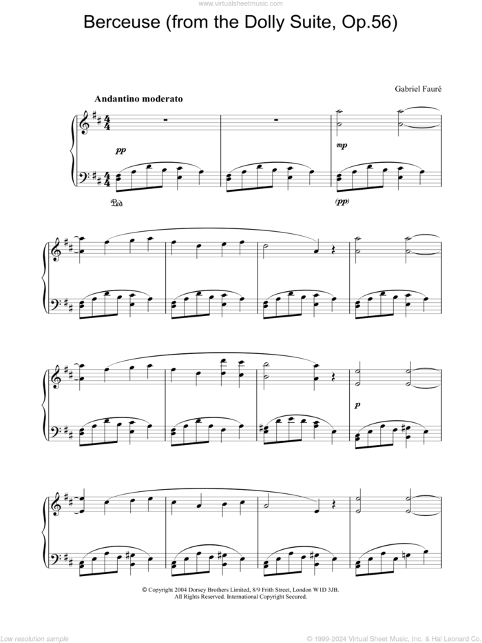 Berceuse (from the Dolly Suite, Op.56) sheet music for piano solo by Gabriel Faure, classical score, intermediate skill level