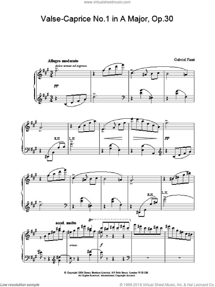 Valse-Caprice No.1 in A Major, Op.30 sheet music for piano solo by Gabriel Faure, classical score, intermediate skill level