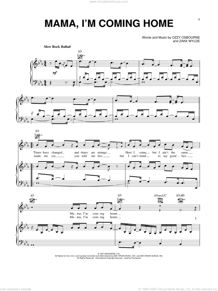 Mama, I'm Coming Home sheet music for voice, piano or guitar by Ozzy Osbourne and Zakk Wylde, intermediate skill level