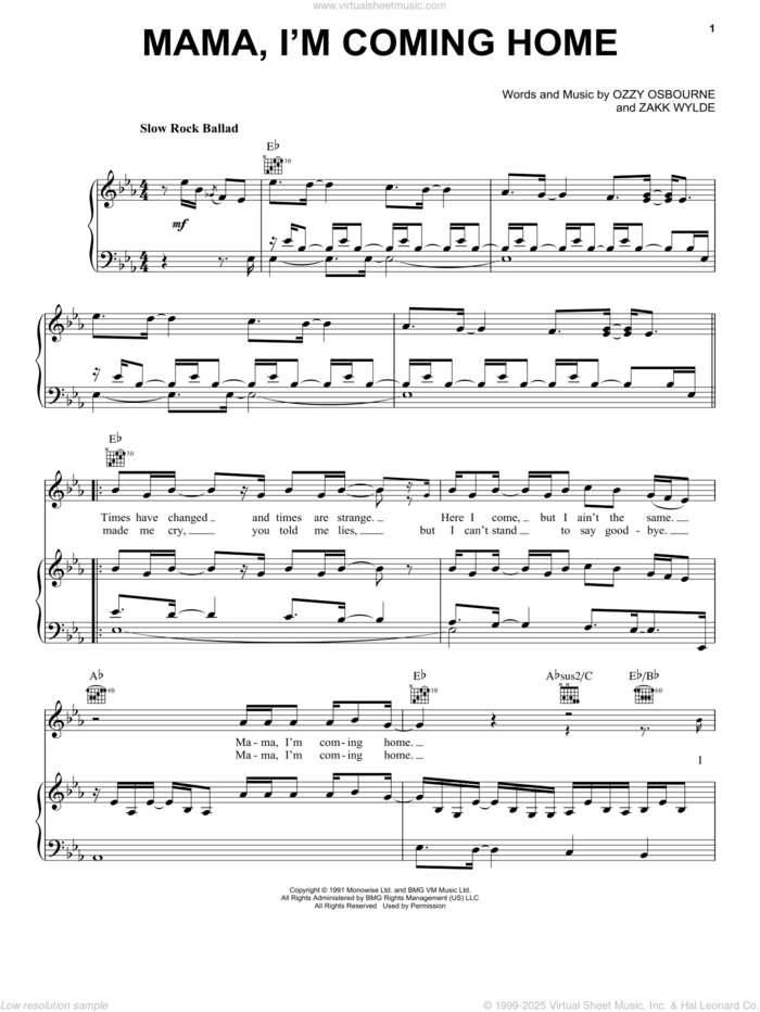 Mama, I'm Coming Home sheet music for voice, piano or guitar by Ozzy Osbourne and Zakk Wylde, intermediate skill level