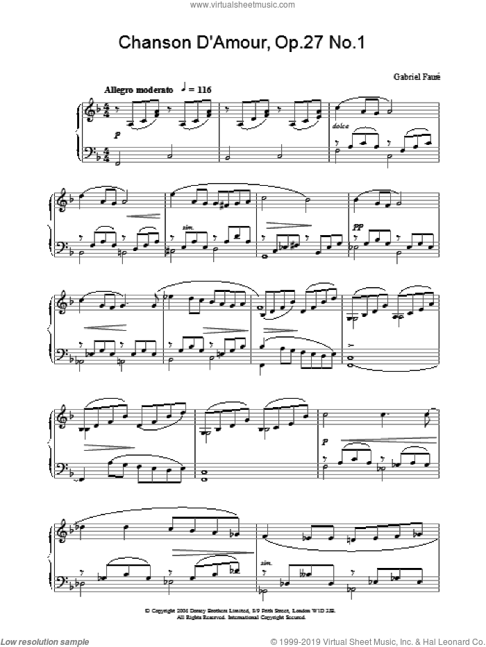 Chanson D'Amour, Op.27 No.1 sheet music for piano solo by Gabriel Faure, classical score, intermediate skill level
