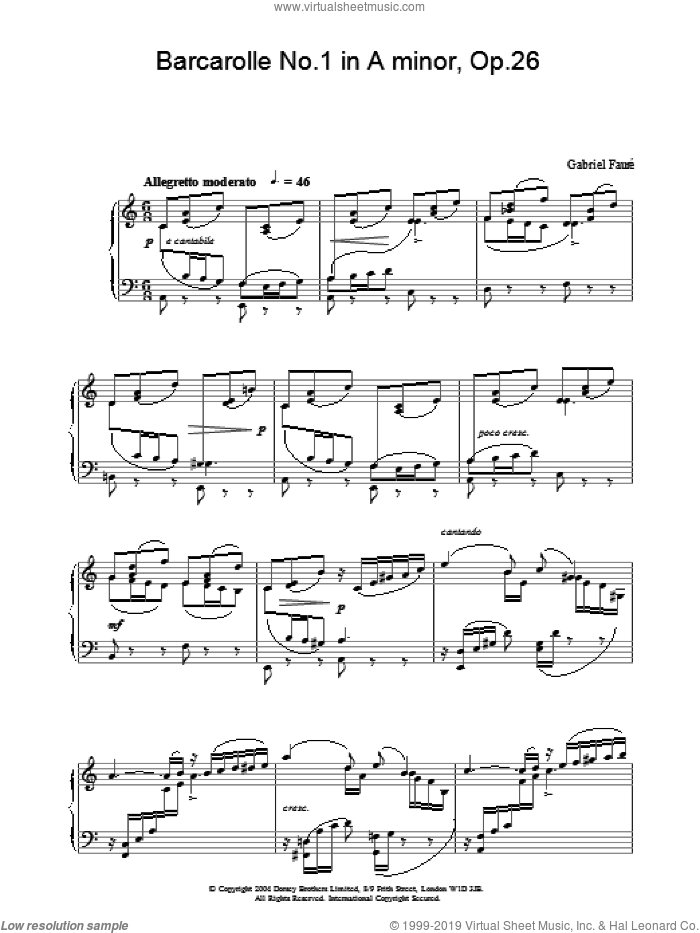 Barcarolle No.1 in A minor, Op.26 sheet music for piano solo by Gabriel Faure, classical score, intermediate skill level