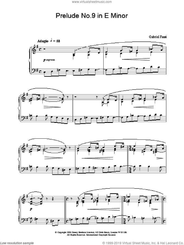 Prelude No.9 in E Minor sheet music for piano solo by Gabriel Faure, classical score, intermediate skill level