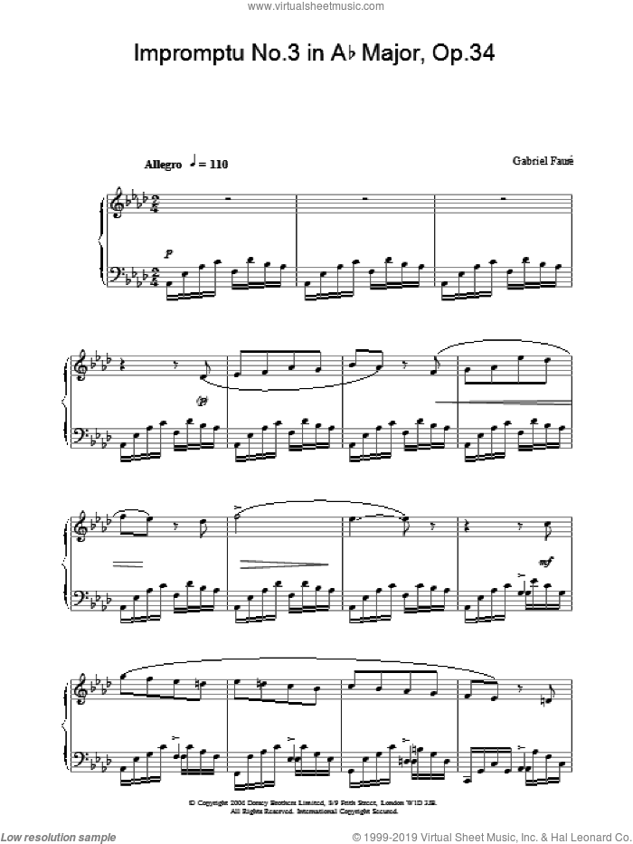 Impromptu No.3 in Ab Major, Op.34 sheet music for piano solo by Gabriel Faure, classical score, intermediate skill level
