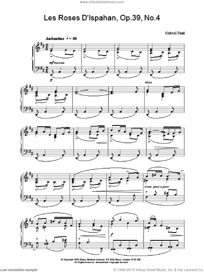 Les Roses D'Ispahan, Op.39, No.4 sheet music for piano solo by Gabriel Faure, classical score, intermediate skill level