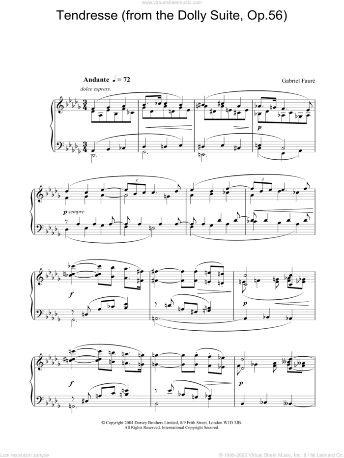 Tendresse (from the Dolly Suite, Op.56) sheet music for piano solo by Gabriel Faure, classical score, intermediate skill level