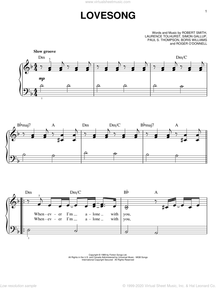 Lovesong, (easy) sheet music for piano solo by Adele, Boris Williams, Laurence Tolhurst, Paul S. Thompson, Robert Smith and Simon Gallup, easy skill level