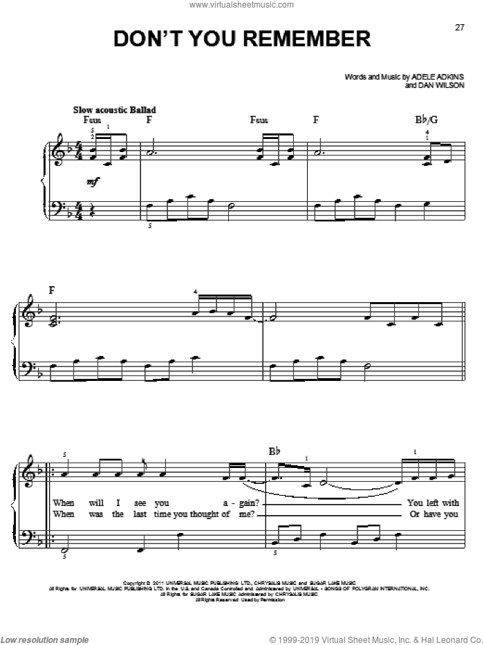 Don't You Remember sheet music for piano solo by Adele, Adele Adkins and Dan Wilson, easy skill level