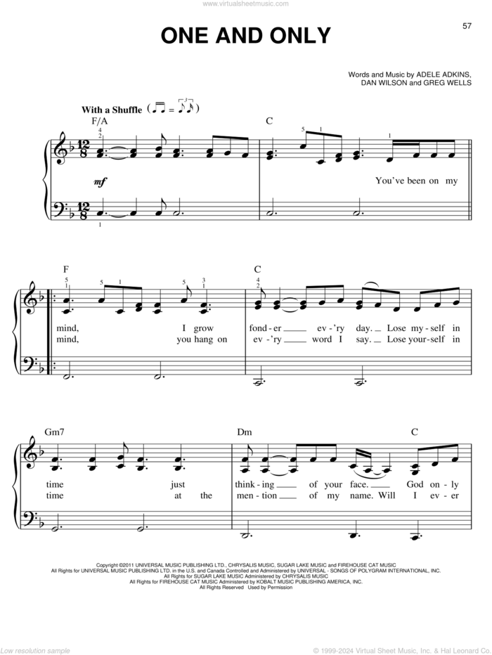 One And Only, (easy) sheet music for piano solo by Adele, Adele Adkins, Dan Wilson and Greg Wells, easy skill level