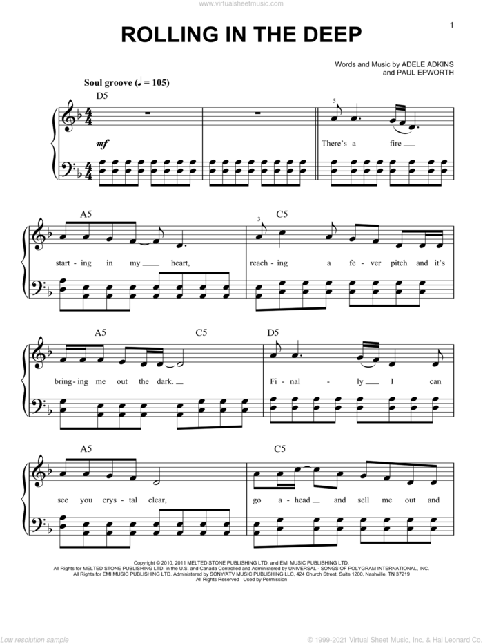 Rolling In The Deep sheet music for piano solo by Adele, Adele Adkins and Paul Epworth, easy skill level