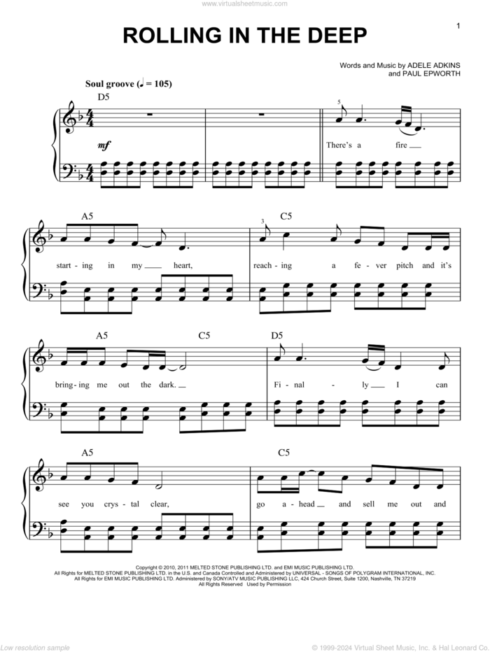 Rolling In The Deep, (easy) sheet music for piano solo by Adele, Adele Adkins and Paul Epworth, easy skill level