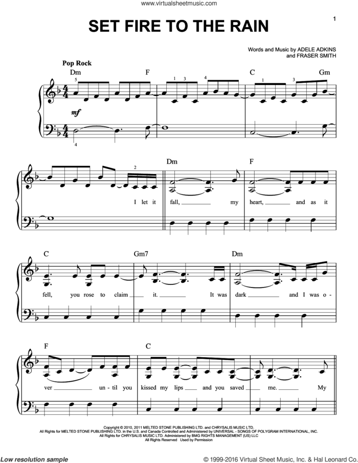 Set Fire To The Rain, (easy) sheet music for piano solo by Adele, Adele Adkins and Fraser T. Smith, easy skill level