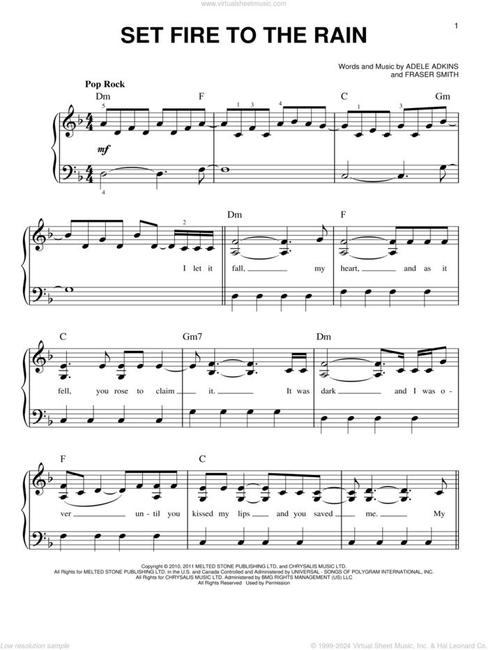 Set Fire To The Rain, (easy) sheet music for piano solo by Adele, Adele Adkins and Fraser T. Smith, easy skill level