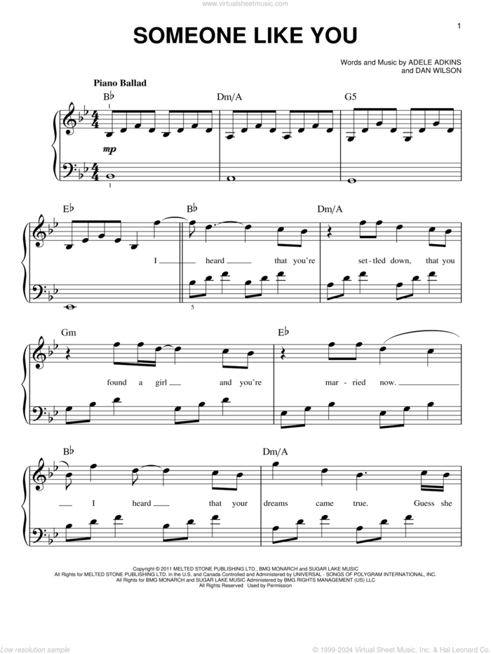 Someone Like You, (easy) sheet music for piano solo by Adele, Adele Adkins and Dan Wilson, easy skill level