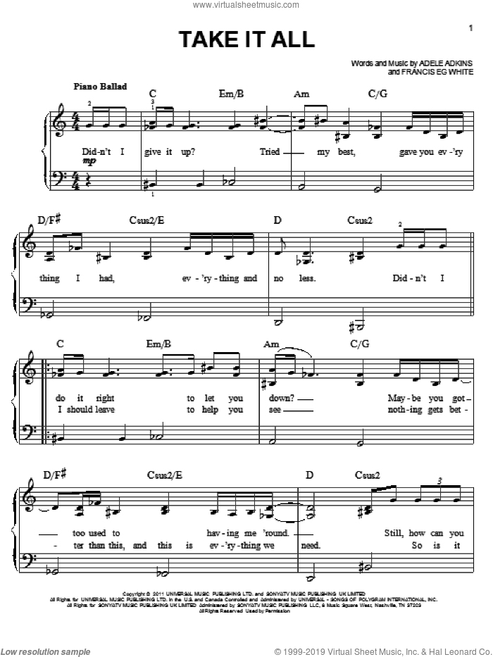 Take It All, (easy) sheet music for piano solo by Adele, Adele Adkins and Francis White, easy skill level
