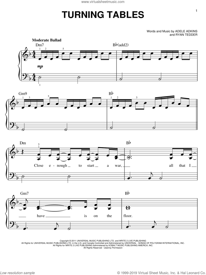 Turning Tables, (easy) sheet music for piano solo by Adele, Adele Adkins and Ryan Tedder, easy skill level