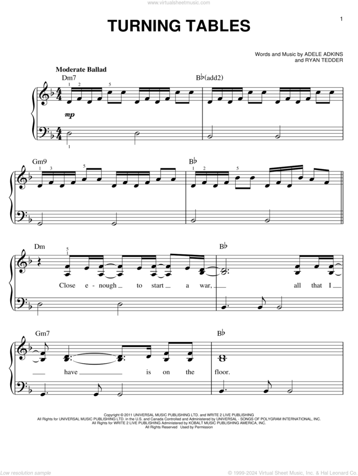 Turning Tables, (easy) sheet music for piano solo by Adele, Adele Adkins and Ryan Tedder, easy skill level