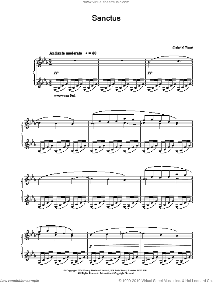 Sanctus sheet music for piano solo by Gabriel Faure, classical score, intermediate skill level