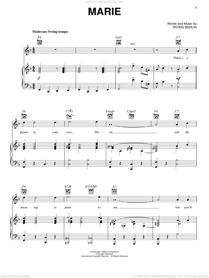 Marie sheet music for voice, piano or guitar by Irving Berlin and The Bachelors, intermediate skill level